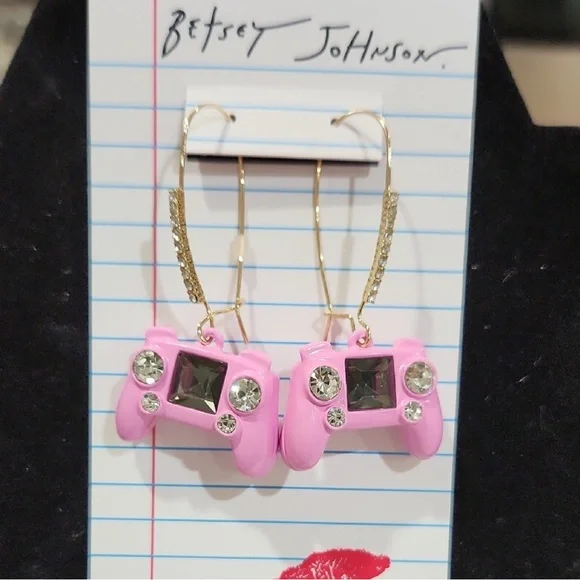 Betsey Johnson Pink Game Controller Earrings with Sparkle - Picture 3 of 3